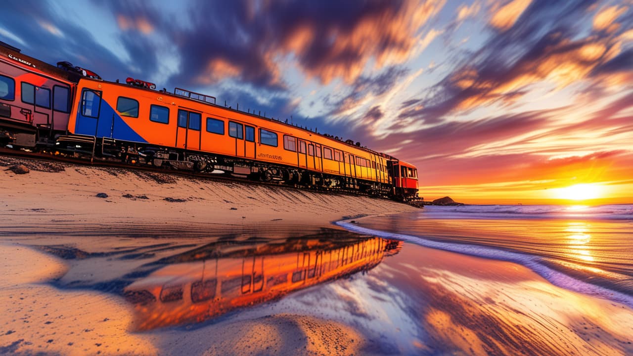  best quality, HD, Train on sand stone water beach in close up with the sunset sky,