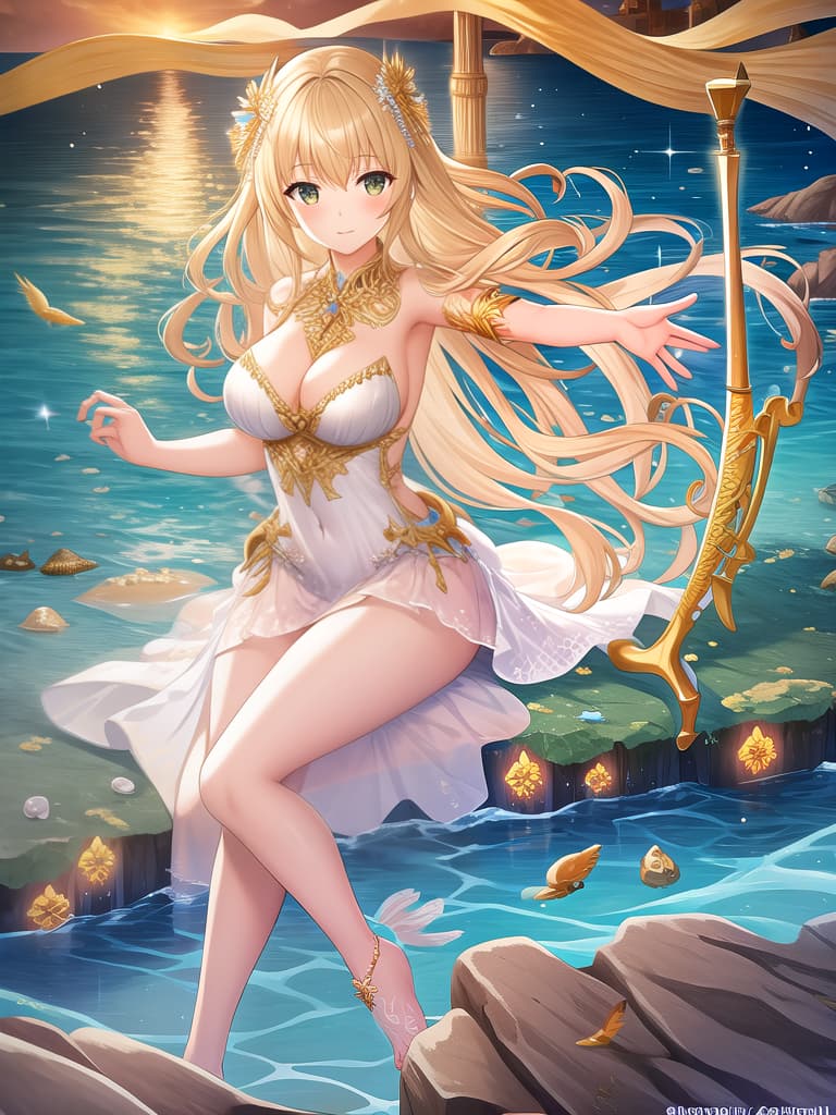  award winning, professional, highly detailed, breathtaking sea nymph, lyre stringed harp, instrument, sitting, rock, ocean spray, lightning, storm, ocean storm, driftwood, toga, angelic, sea front view, , , photorealistic, raw photo, (1girl, looking at viewer), long hair, blond, oasis, barefoot, eyeshadow, witch, maiden, songstress, fins, translucent white toga, bikini, intricate dress, delicate wood filigree, intricate filigree, pearl metalic parts, detailed part, dynamic pose, detailed background, dynamic lighting,(textured skin:1.3)