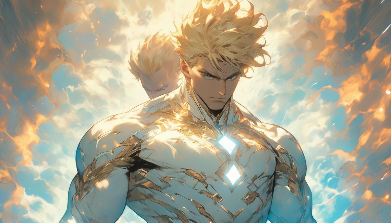  hyperrealism,fantasy aesthetic1man, attractive blonde male humanoid, dazzling white clothes, ethereal glow, standing amid celestial beings, high tech clothing clad in sleek, futuristic costume with metallic accents and form fitting designs, marvel superhero comics style, unreal engine rendering