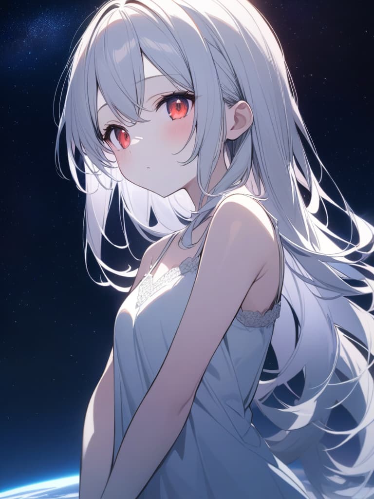  Cute, girl, young face, white skin, thin body, fluffy hair, white hair color, bright red eyes, large eyes, night sky, starry sky, camisole dress, space, beautiful scenery, fluffy long hair, masterpiece, best quality,8k,ultra detailed,high resolution,an extremely delicate and beautiful,hyper detail