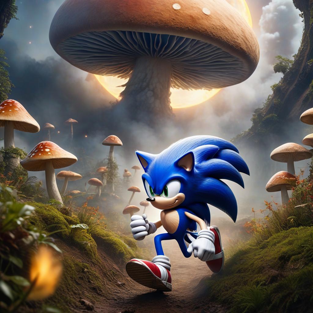  A highly detailed Sonic runs through a mushroom planet, along a path across the mushroom planet in the Sonic movie, huge, fierce, hyperrealistic, art, digital art, fantastic fantasy, detailed sketching, high resolution, close up mid shot, full size, 128k, photorealism, bright lighting, hyperdetailed eyes and details, cinematic, with a yellow smoke background, an open portal in flames, stars, and a fragment of a glowing moon. hyperrealistic, full body, detailed clothing, highly detailed, cinematic lighting, stunningly beautiful, intricate, sharp focus, f/1. 8, 85mm, (centered image composition), (professionally color graded), ((bright soft diffused light)), volumetric fog, trending on instagram, trending on tumblr, HDR 4K, 8K