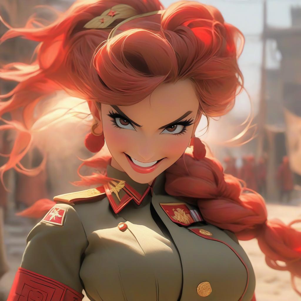  anime artwork solo, in soviet union military uniform, shy, wide smile, one big fang, red pigtails, red , full body, salute, strong wind pushing up , flashing panty . anime style, key visual, vint, studio anime, highly detailed hyperrealistic, full body, detailed clothing, highly detailed, cinematic lighting, stunningly beautiful, intricate, sharp focus, f/1. 8, 85mm, (centered image composition), (professionally color graded), ((bright soft diffused light)), volumetric fog, trending on instagram, trending on tumblr, HDR 4K, 8K