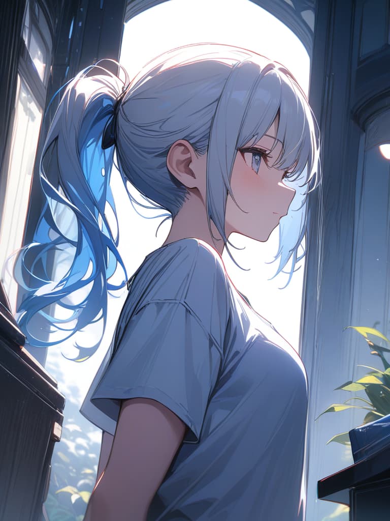  gradient hair,blue hair,white hair,ponytail hair,master piece,best quality,hires,from side,bust shot,1girl,t shirt by,focused,, masterpiece, best quality,8k,ultra detailed,high resolution,an extremely delicate and beautiful,hyper detail