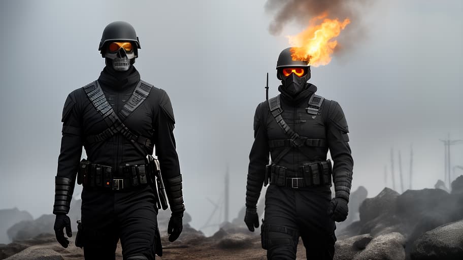  A soldier in a black uniform and a skull mask, holding a flame and looking into the distance. hyperrealistic, full body, detailed clothing, highly detailed, cinematic lighting, stunningly beautiful, intricate, sharp focus, f/1. 8, 85mm, (centered image composition), (professionally color graded), ((bright soft diffused light)), volumetric fog, trending on instagram, trending on tumblr, HDR 4K, 8K