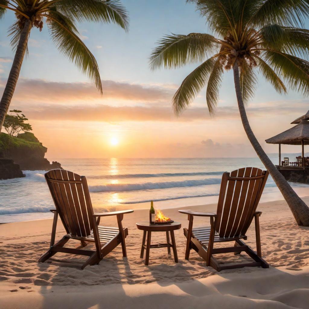  A serene beach scene in Bali during sunset, with soft golden sands, gentle waves, palm trees swaying slightly in the breeze, a cozy bonfire in the foreground with two beach chairs facing it. On a small table between the chairs, there is wine with food set up. The words 'Dreams do come true if you believe' are elegantly written in the sky in soft, flowing script. hyperrealistic, full body, detailed clothing, highly detailed, cinematic lighting, stunningly beautiful, intricate, sharp focus, f/1. 8, 85mm, (centered image composition), (professionally color graded), ((bright soft diffused light)), volumetric fog, trending on instagram, trending on tumblr, HDR 4K, 8K