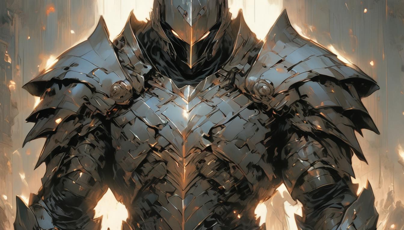  hyperrealism,fantasy aestheticA knight in armor standing firm, shield raised, surrounded by shadows, resilient and unwavering, high tech clothing clad in sleek, futuristic costume with metallic accents and form fitting designs, marvel superhero comics style, unreal engine rendering