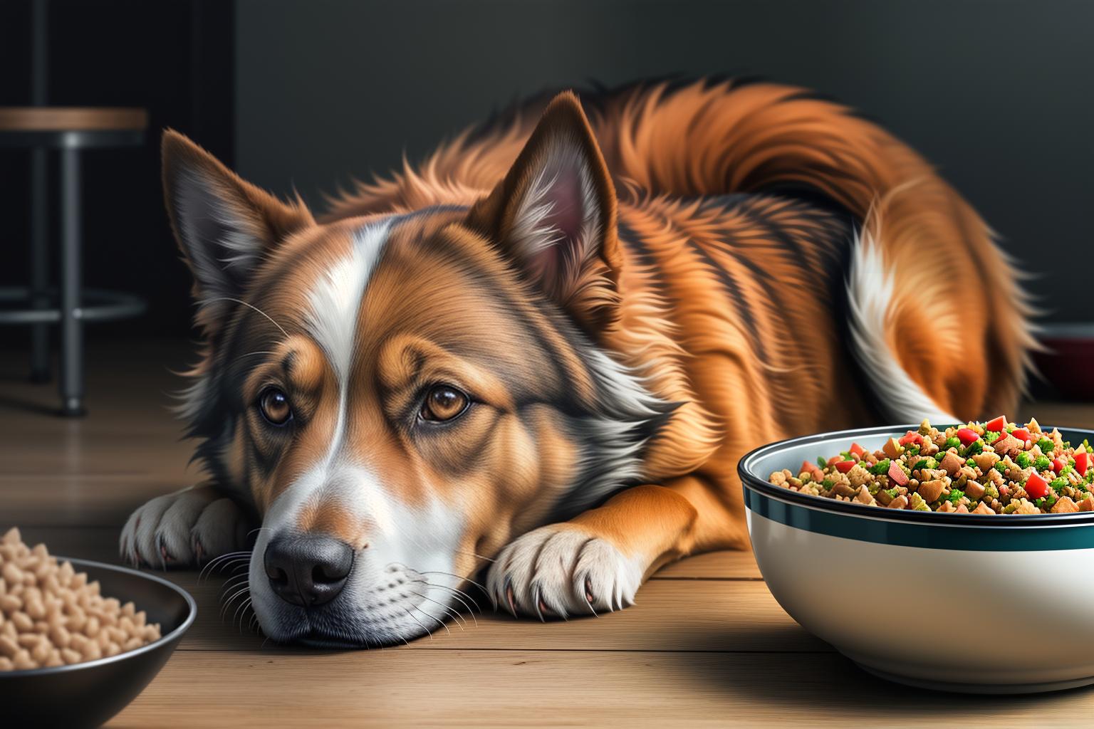  "Closeup of a sad, undernourished dog with a forlorn expression, sitting beside a bowl of unappetizing, low quality dog food. The background is a dimly lit, slightly blurred kitchen setting, emphasizing the dog's plight. The dog's fur looks unkempt, and its eyes are dull, reflecting poor health. The image is highly detailed and realistic, with a focus on the dog's face and the food bowl. The mood is somber and cautionary, using high quality, photorealistic style modifiers to evoke empathy and concern. The background is unobtrusive, ensuring the dog's condition and the food bowl remain the central focus."Ensure no face,leg,hand or eye defomities.Ensure all images are clear, detailed, contains no text and no deformities. realistic, highly det hyperrealistic, full body, detailed clothing, highly detailed, cinematic lighting, stunningly beautiful, intricate, sharp focus, f/1. 8, 85mm, (centered image composition), (professionally color graded), ((bright soft diffused light)), volumetric fog, trending on instagram, trending on tumblr, HDR 4K, 8K