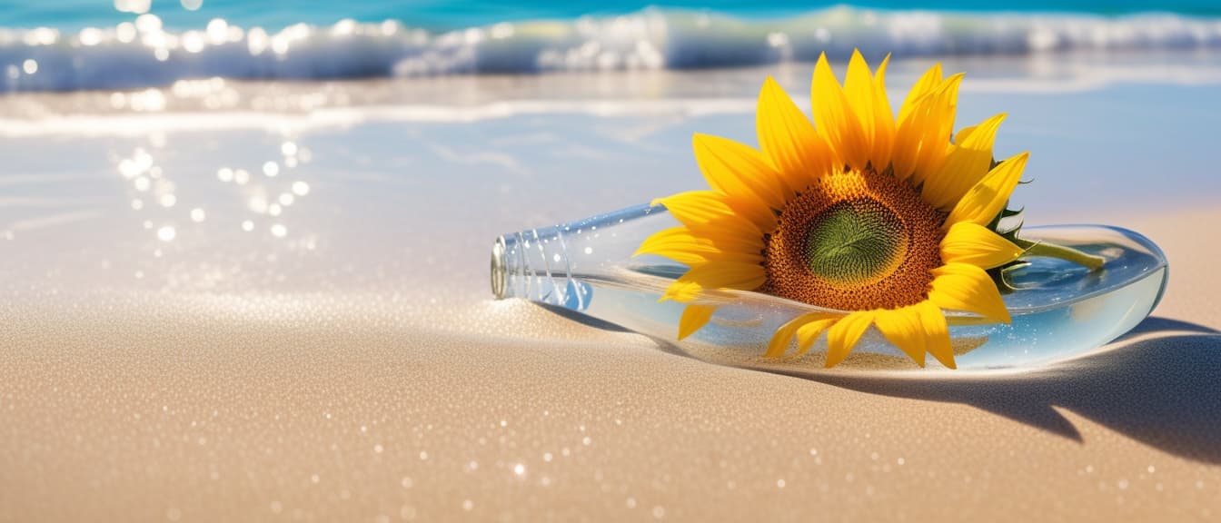  Macro Photography, Beach summer panoramic background with Sunflower flower on the cristal sand and glory water, close up, macro 100mm, macro photography