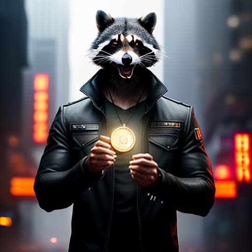  portrait, A raccoon hacker tears a bitcoin coin in two halves in a fit of anger, super angry face. An evil grin, energetic, expressively, enthusiastic, artstation, digital cinematic art, night, screen, digital code, cyberpunk, virtual hyperrealistic, full body, detailed clothing, highly detailed, cinematic lighting, stunningly beautiful, intricate, sharp focus, f/1. 8, 85mm, (centered image composition), (professionally color graded), ((bright soft diffused light)), volumetric fog, trending on instagram, trending on tumblr, HDR 4K, 8K