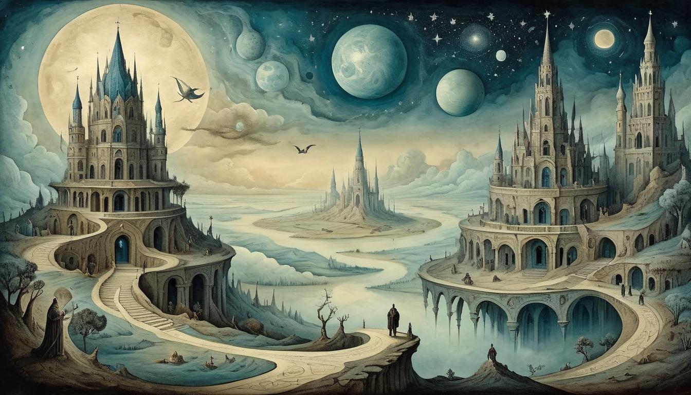  on parchment, surrealism+++, Deep perspective, vast understanding, multi layered view, celestial backdrop, intricate detail(mysterious, provocative, symbolic,muted color)+++