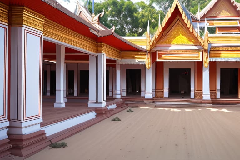  An open area of ​​dirt outside a very old Thai palace.