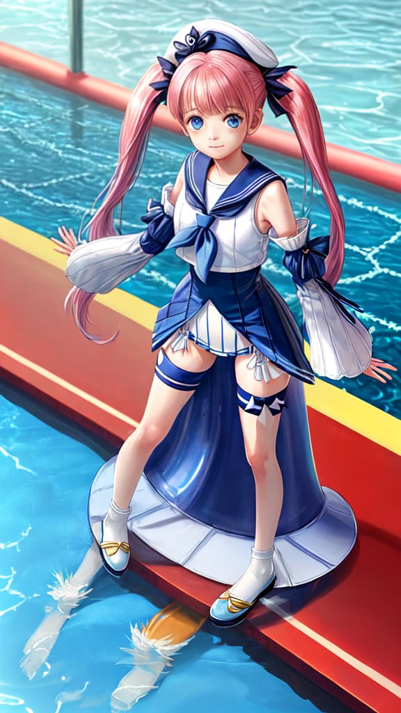  best quality, realistic, photorealistic,((1)), babara_in_, Super shot, hair, blue eyes, twintails, sailor hat, sailor collar, babara's , detached sleeves, bare , thigh strap, standing, (smile:0.7), swimming pool , (waterpark), ((noon)),