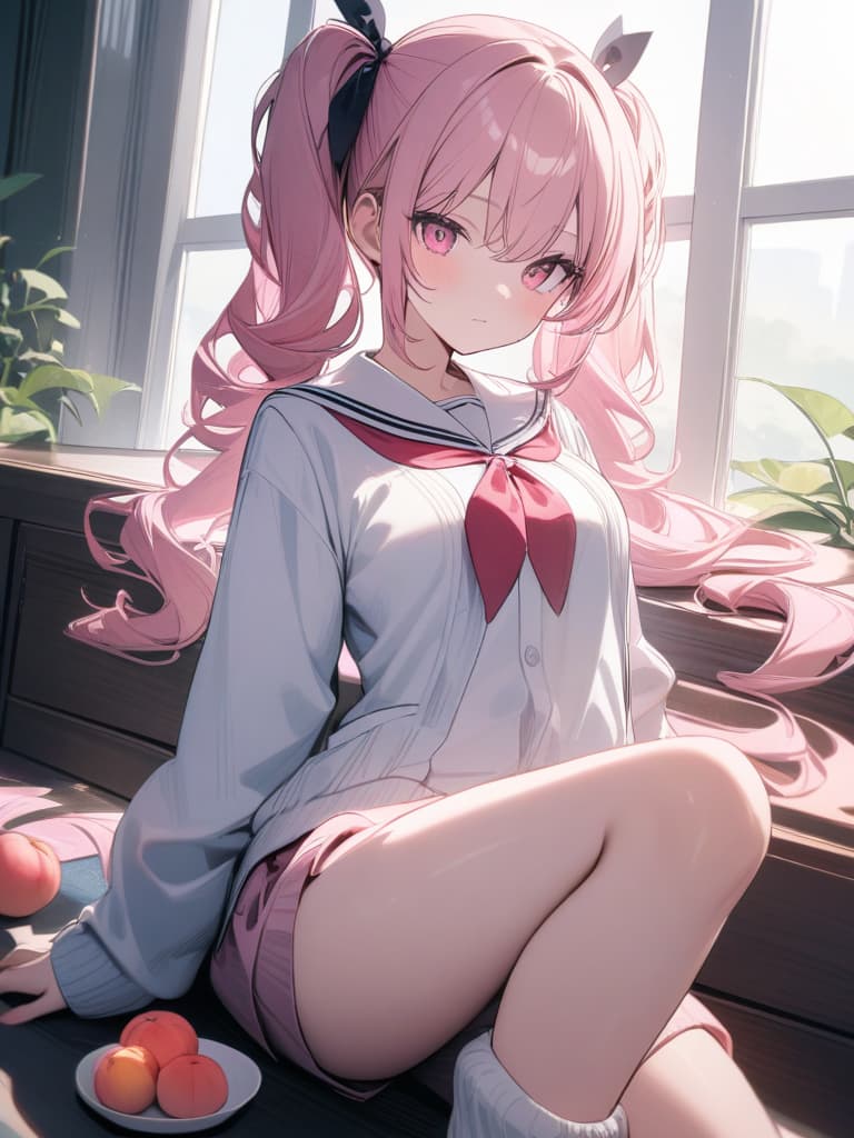  Cute, , thin body, fluffy hair, fluffy long hair, twin tails, pink hair color, pink eyes, big s, cardigan, uniform, loose socks, sauce, peach, peach, pink, pink. Sailor suit, masterpiece, best quality,8k,ultra detailed,high resolution,an extremely delicate and beautiful,hyper detail