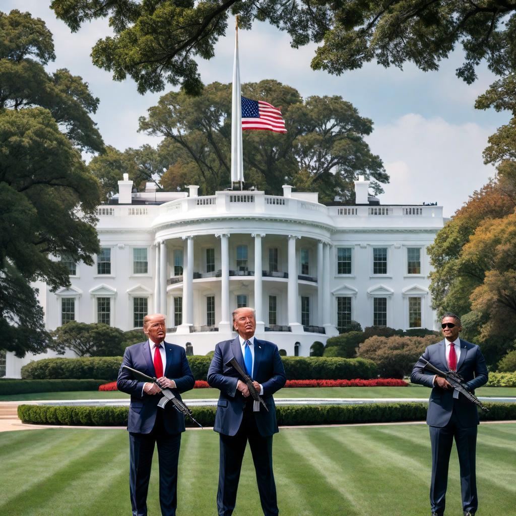  President Trump armed with an AR-15, General Michael Flynn armed with an AR-15 just behind President Trump on his right side, and Representative Tim Byron armed with an AR-15 just behind President Trump on his left side. All three are seen protecting the White House. The United States flag is raised high above the White House with an eagle on top of the flagpole, and two F35s fly above the White House to help Trump, Flynn, and Byron protect it. hyperrealistic, full body, detailed clothing, highly detailed, cinematic lighting, stunningly beautiful, intricate, sharp focus, f/1. 8, 85mm, (centered image composition), (professionally color graded), ((bright soft diffused light)), volumetric fog, trending on instagram, trending on tumblr, HDR 4K, 8K