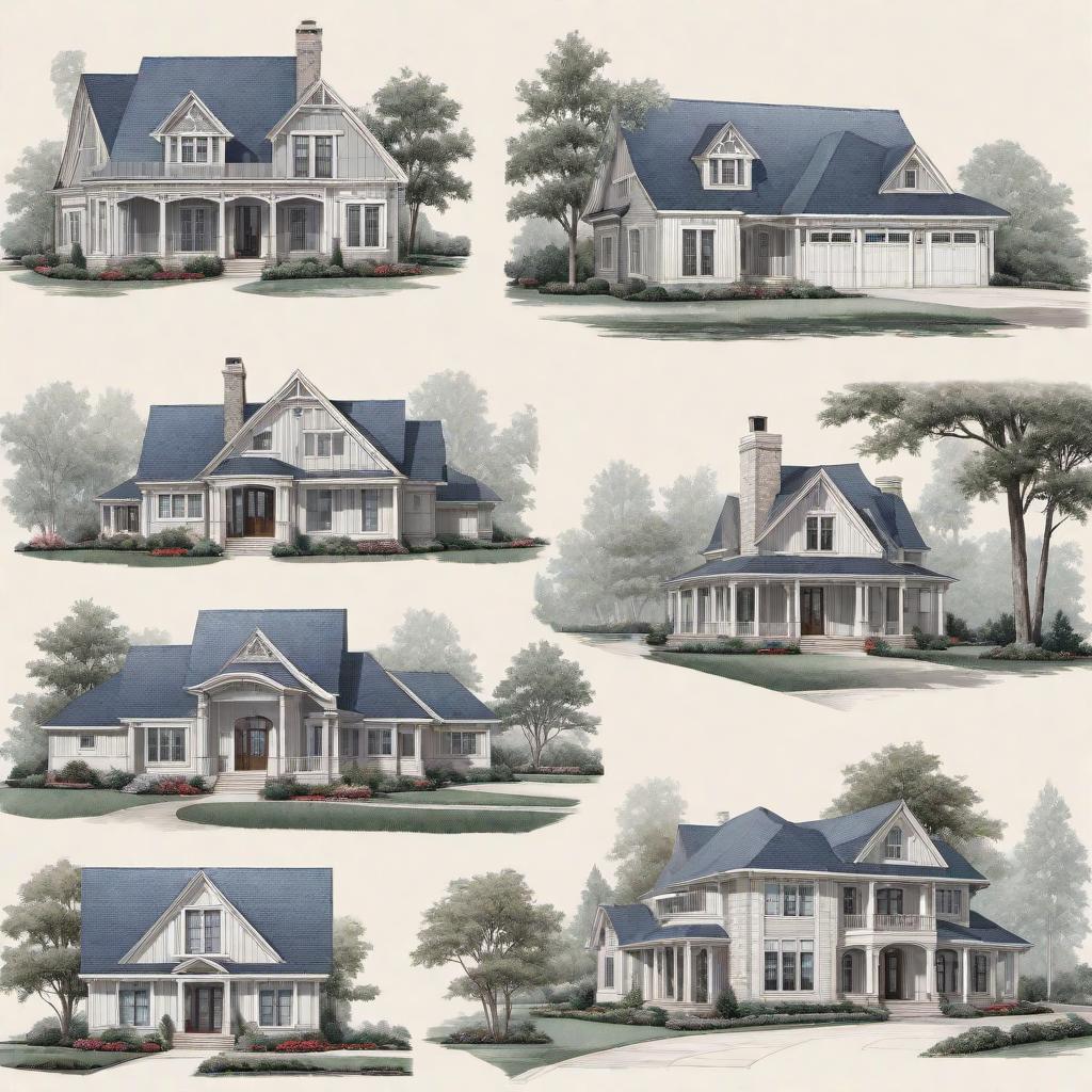  A collection of 10 different house blueprints and pictures. The blueprints should detail the layout of rooms, dimensions, and structural elements, showing diverse floor plans. The pictures should provide exterior views, highlighting unique architectural features for each house. The styles should include modern, traditional, contemporary, minimalist, and colonial with features like large windows, sleek roofs, and landscaped surroundings. hyperrealistic, full body, detailed clothing, highly detailed, cinematic lighting, stunningly beautiful, intricate, sharp focus, f/1. 8, 85mm, (centered image composition), (professionally color graded), ((bright soft diffused light)), volumetric fog, trending on instagram, trending on tumblr, HDR 4K, 8K