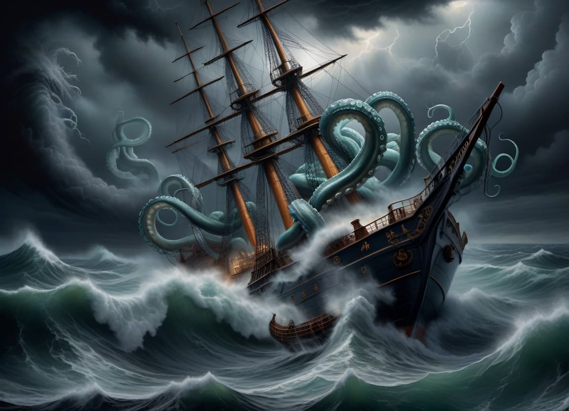  Painting with oil paints, a terrible kraken wraps tentacles around a ship in a stormy sea, tangled hair, low clouds, a storm, a terrifying atmosphere, horrors, a perfectly detailed image, attention to details, maximum clarity in the image, professional, realistic drawing with oil paints, in the best traditions of painting, a masterpiece, a masterpiece of art. hyperrealistic, full body, detailed clothing, highly detailed, cinematic lighting, stunningly beautiful, intricate, sharp focus, f/1. 8, 85mm, (centered image composition), (professionally color graded), ((bright soft diffused light)), volumetric fog, trending on instagram, trending on tumblr, HDR 4K, 8K