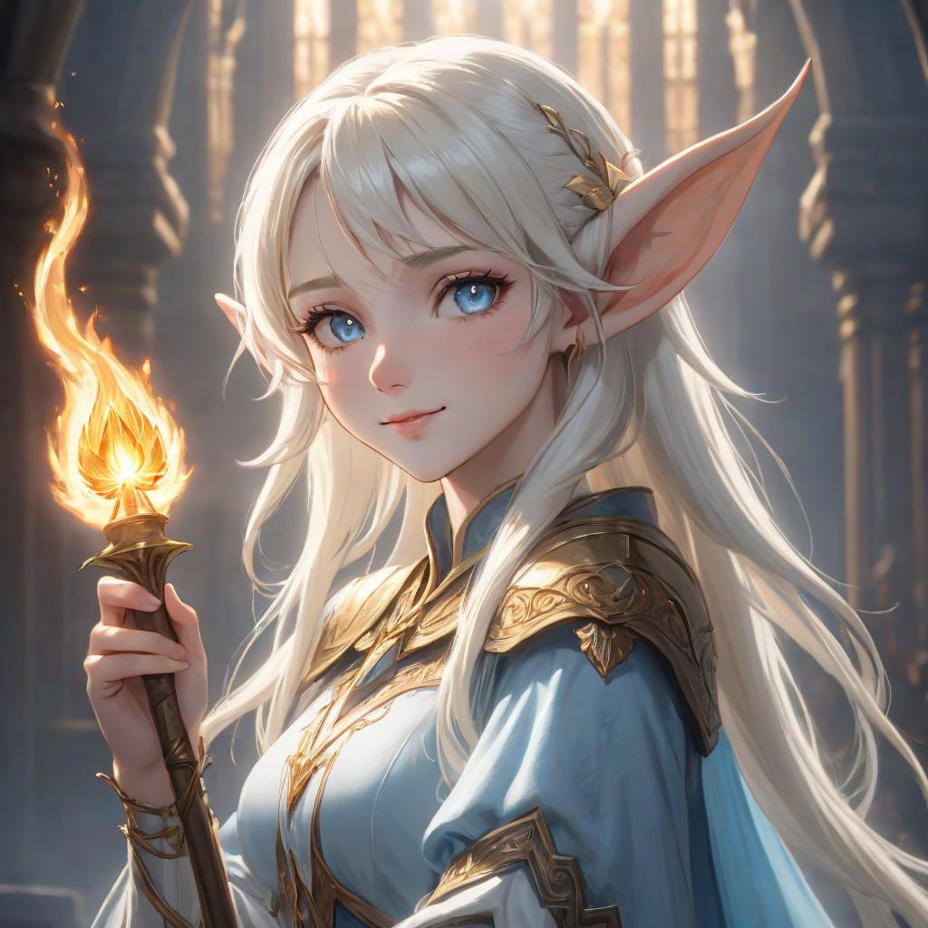  A confident elf with long ears and a gentle smile. She is kind, but fair. The High priestess of the Temple of Light and Darkness. The skin is pale. Her hair is blond, almost white. Her eyes are pale blue, almost white. He holds a staff in his left hand. In her right hand she has a golden flame of Light hyperrealistic, full body, detailed clothing, highly detailed, cinematic lighting, stunningly beautiful, intricate, sharp focus, f/1. 8, 85mm, (centered image composition), (professionally color graded), ((bright soft diffused light)), volumetric fog, trending on instagram, trending on tumblr, HDR 4K, 8K