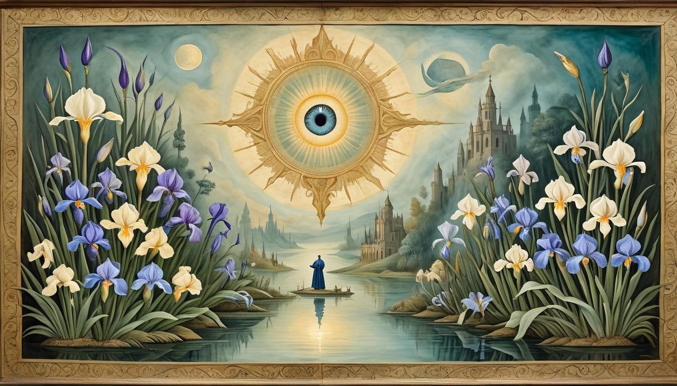  on parchment, surrealism+++, An eye opening wide, intricate details in iris and reflection of surrounding figures, moment of revelation, clarity lit by ethereal light(mysterious, provocative, symbolic,muted color)+++