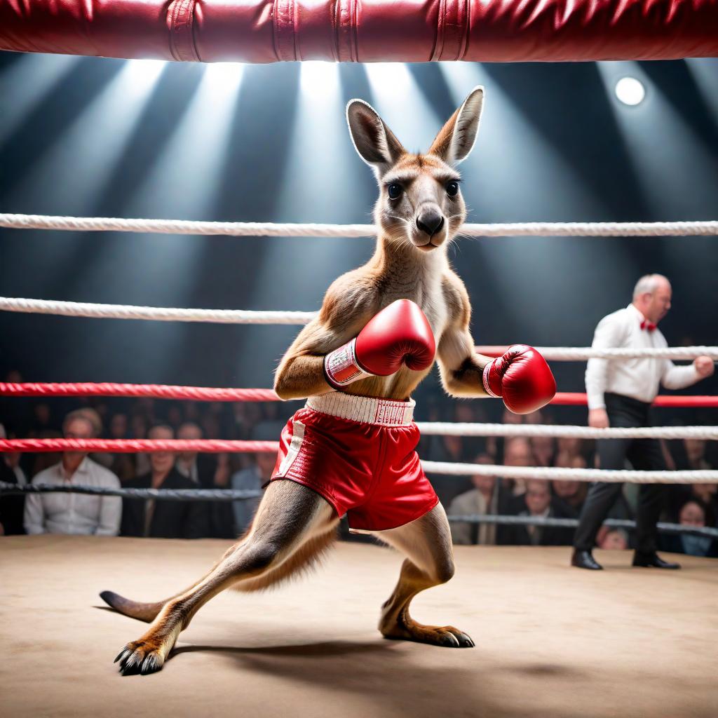  A dynamic and lively scene of a boxing kangaroo. The kangaroo is wearing red boxing gloves and is captured mid-punch in an action pose. The background is a simple boxing ring with some spectators in the background, cheering. The lighting is bright, highlighting the kangaroo's muscular physique and energetic expression. hyperrealistic, full body, detailed clothing, highly detailed, cinematic lighting, stunningly beautiful, intricate, sharp focus, f/1. 8, 85mm, (centered image composition), (professionally color graded), ((bright soft diffused light)), volumetric fog, trending on instagram, trending on tumblr, HDR 4K, 8K