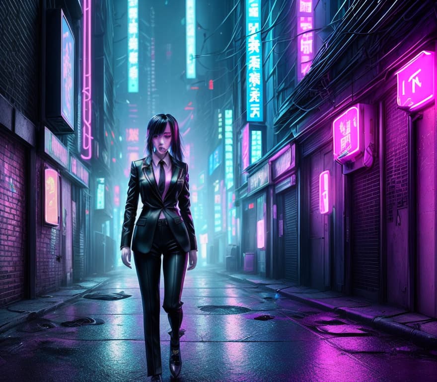  masterpiece, best quality, very aesthetic, absurdres wlop miimalism cinematic lighting 1girl, aged up walking in the alley black suit white collar shirt perspective from above cyberpunk, neon