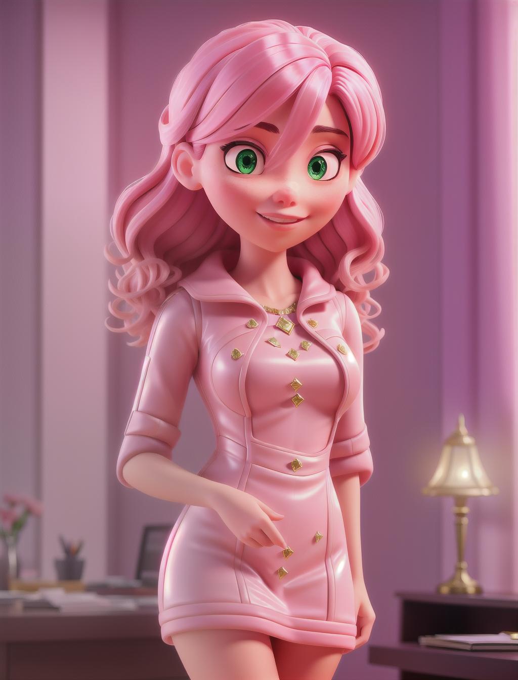  Girl with light pink skin and dark pink hair with a glittery dark pink dress in the inside out headquarters hyperrealistic, full body, detailed clothing, highly detailed, cinematic lighting, stunningly beautiful, intricate, sharp focus, f/1. 8, 85mm, (centered image composition), (professionally color graded), ((bright soft diffused light)), volumetric fog, trending on instagram, trending on tumblr, HDR 4K, 8K