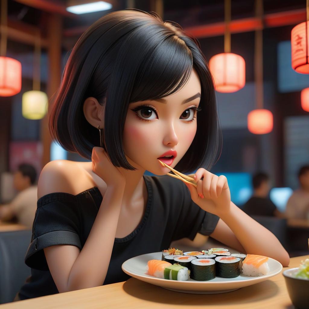  A girl, with dark hair in a bob cut, wearing a black top and denim shorts, is eating sushi straight, surrounded by fluorescent lighting. hyperrealistic, full body, detailed clothing, highly detailed, cinematic lighting, stunningly beautiful, intricate, sharp focus, f/1. 8, 85mm, (centered image composition), (professionally color graded), ((bright soft diffused light)), volumetric fog, trending on instagram, trending on tumblr, HDR 4K, 8K