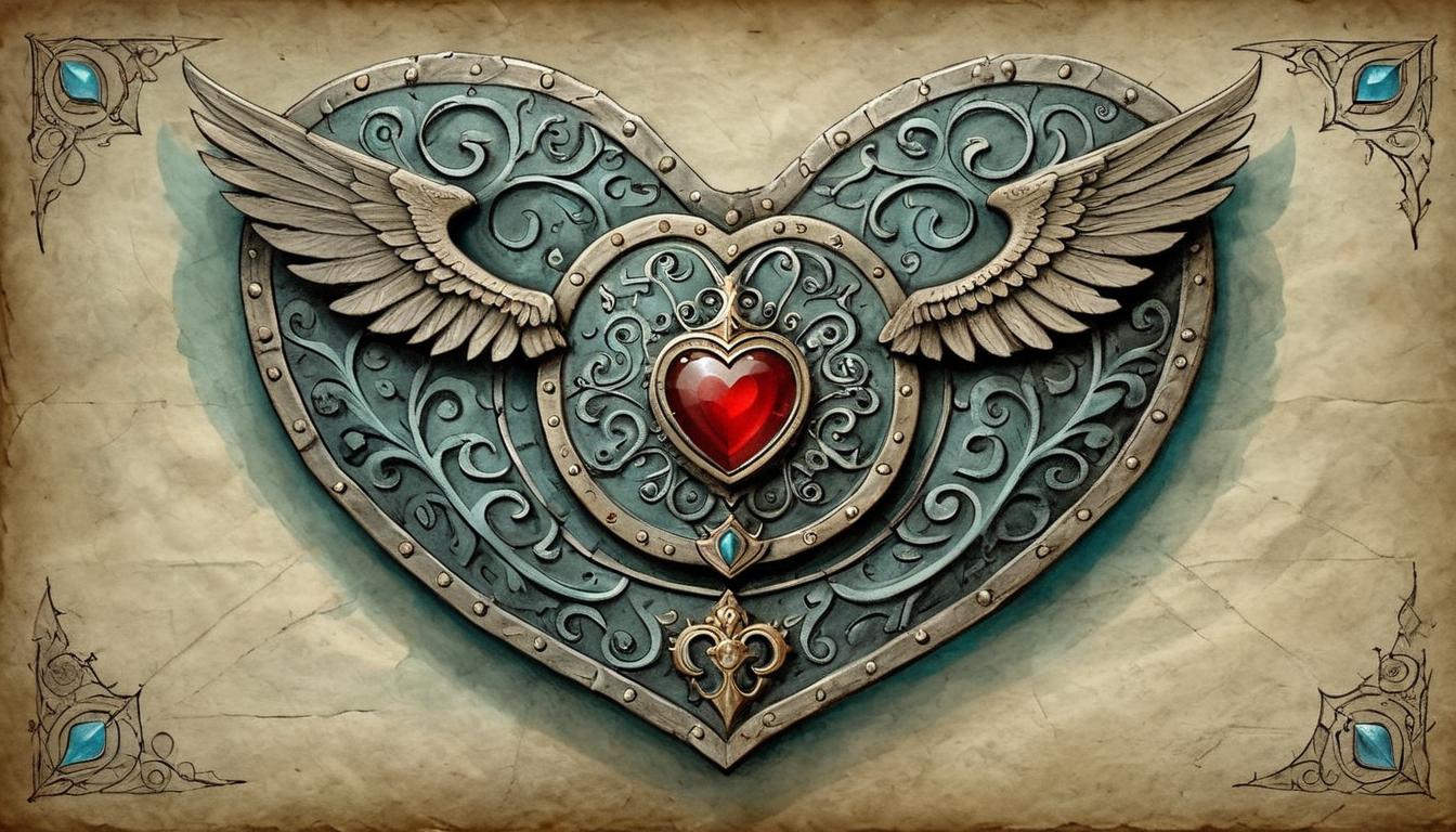  on parchment, surrealism+++, A heart shaped shield forged from metal and stone, intricate carvings, glowing gently, indestructible, majestic, emanating silent power(mysterious, provocative, symbolic,muted color)+++