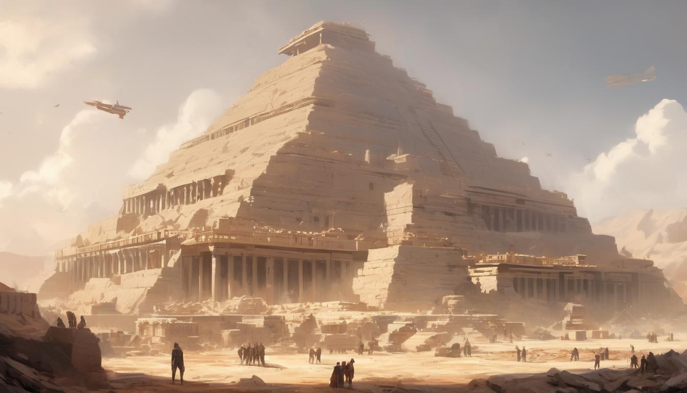  hyperrealism,fantasy aestheticThe Step Pyramid in various stages of construction, workers placing stones, scaffolding around the structure, sense of progress, innovation in the making, ancient engineering, collective effort, high tech clothing clad in sleek, futuristic costume with metallic accents and form fitting designs, marvel superhero comics style, unreal engine rendering