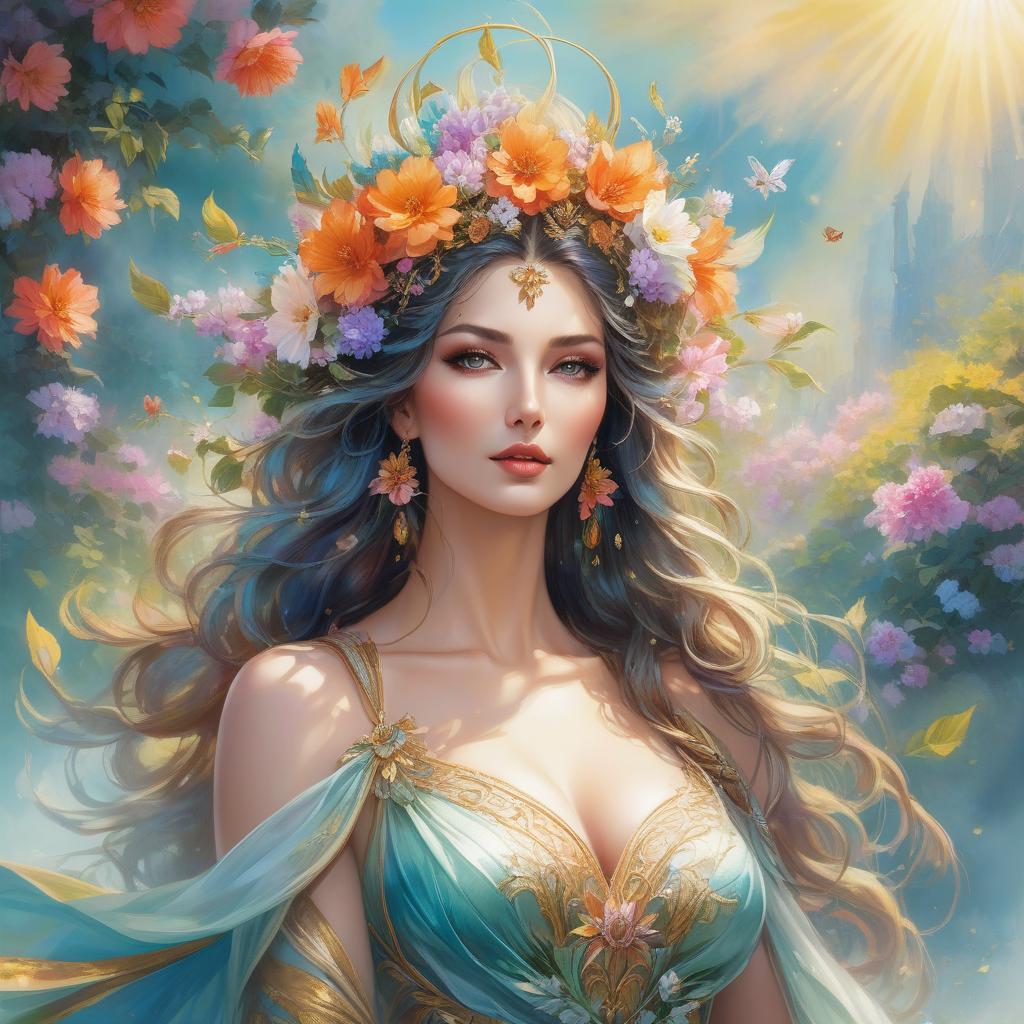  watercolor painting A vibrant portrait of a woman with a floral headdress, swirling hair, and rich, vivid colors conveying a fantasy aesthetic. a painting of a woman with flowers in her hair, flower goddess, beautiful art uhd 4 k, beautiful fantasy art portrait, goddess of nature, beautiful fantasy portrait, goddess of summer, goddess portrait, colorfull digital fantasy art, goddess of spring, beautiful fantasy maiden, portrait of a beautiful goddess, earth goddess mythology, karol bak uhd, the goddess of summer . vibrant, beautiful, painterly, detailed, textural, artistic hyperrealistic, full body, detailed clothing, highly detailed, cinematic lighting, stunningly beautiful, intricate, sharp focus, f/1. 8, 85mm, (centered image composition), (professionally color graded), ((bright soft diffused light)), volumetric fog, trending on instagram, trending on tumblr, HDR 4K, 8K