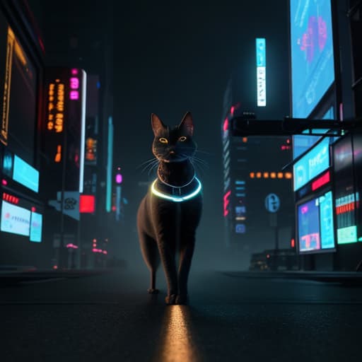  masterpiece, best quality, a scene featuring a bionic cat navigating a neon-lit cityscape, blending seamlessly with the cyber-enhanced environments , hyperrealistic, full body, detailed clothing, highly detailed, cinematic lighting, stunningly beautiful, intricate, sharp focus, f/1. 8, 85mm, (centered image composition), (professionally color graded), ((bright soft diffused light)), volumetric fog, trending on instagram, trending on tumblr, HDR 4K, 8K