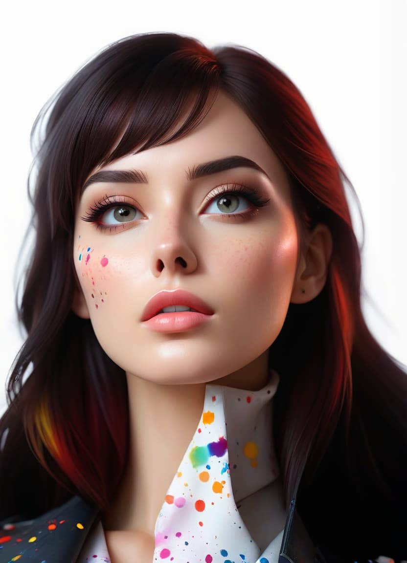  A poster of a beautiful girl with fair medium length hair, with splotches of colored paint in the background. hyperrealistic, full body, detailed clothing, highly detailed, cinematic lighting, stunningly beautiful, intricate, sharp focus, f/1. 8, 85mm, (centered image composition), (professionally color graded), ((bright soft diffused light)), volumetric fog, trending on instagram, trending on tumblr, HDR 4K, 8K