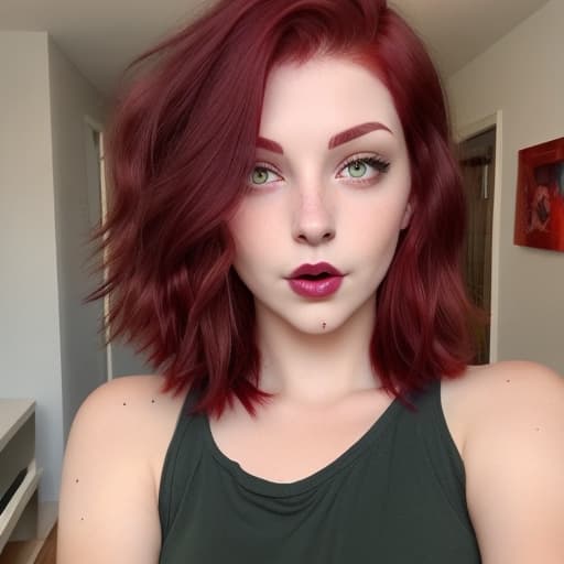  Dyed short dark red hair wavy with green eyes and a nose piercing Funny