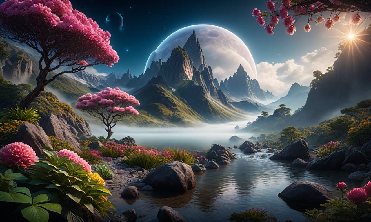  fantastic landscape, another world, mountains, sky, stars, clouds, rocks, plants, gloomy, bright, rich , flowers , alien fairy world , trees, river, water hyperrealistic, full body, detailed clothing, highly detailed, cinematic lighting, stunningly beautiful, intricate, sharp focus, f/1. 8, 85mm, (centered image composition), (professionally color graded), ((bright soft diffused light)), volumetric fog, trending on instagram, trending on tumblr, HDR 4K, 8K