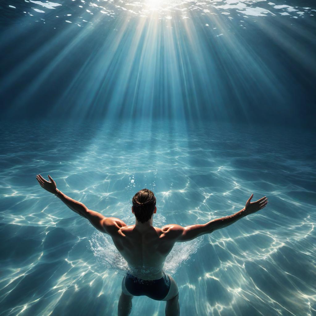  An expressive illustration of a person swimming freely in the deepest of oceans. The background shows the vast and deep ocean, with shadows and light creating a sense of depth. The swimmer, once seemingly falling, now moves with grace and ease, symbolizing the journey of learning and adapting. The scene should convey a mix of struggle overcome and newfound freedom, with elements like gentle marine life and beams of light penetrating the water to highlight the sense of peace and courage. The overall tone should be one of triumphant resilience and serene acceptance. hyperrealistic, full body, detailed clothing, highly detailed, cinematic lighting, stunningly beautiful, intricate, sharp focus, f/1. 8, 85mm, (centered image composition), (professionally color graded), ((bright soft diffused light)), volumetric fog, trending on instagram, trending on tumblr, HDR 4K, 8K