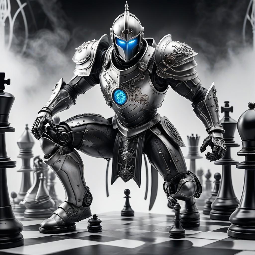  biomechanical style Create a knight fighting on the chessboard, in a black and white style, on a white background. . blend of organic and mechanical elements, futuristic, cybernetic, detailed, intricate, oil painting hyperrealistic, full body, detailed clothing, highly detailed, cinematic lighting, stunningly beautiful, intricate, sharp focus, f/1. 8, 85mm, (centered image composition), (professionally color graded), ((bright soft diffused light)), volumetric fog, trending on instagram, trending on tumblr, HDR 4K, 8K