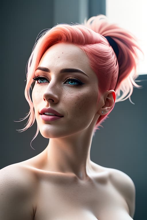  a closeup portrait of a playful maid, undercut hair, amazing body, topless,busty, [ash blonde | ginger | pink hair], freckles, flirting with camera hyperrealistic, full body, detailed clothing, highly detailed, cinematic lighting, stunningly beautiful, intricate, sharp focus, f/1. 8, 85mm, (centered image composition), (professionally color graded), ((bright soft diffused light)), volumetric fog, trending on instagram, trending on tumblr, HDR 4K, 8K