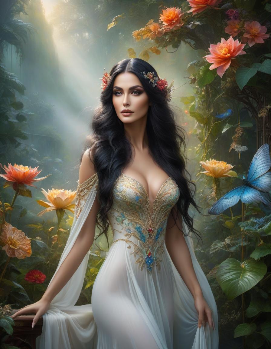  (masterpiece, multicolor oil painting, high resolution:1.2), style of Karol Bak and style of Emily Balivet, Graceful beautiful elf woman, in fairy dress, long black hair, wild hairstyle, against the backdrop of the morning garden, in full height, mesmerizing fantasy environment with magical elements, ethereal and enchanting atmosphere, detailed and intricate design work, capturing the essence of beauty and enchantment, transporting the viewer to a world of magic and mystery. hyperrealistic, full body, detailed clothing, highly detailed, cinematic lighting, stunningly beautiful, intricate, sharp focus, f/1. 8, 85mm, (centered image composition), (professionally color graded), ((bright soft diffused light)), volumetric fog, trending on instagram, trending on tumblr, HDR 4K, 8K