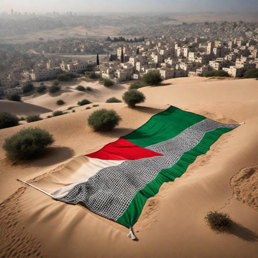  An illustration showing the Palestinian flag made out of Keffiyeh material planted on the Gaza Strip. The background should clearly depict the map or landscape of Gaza, emphasizing its geographic and cultural significance. The flag should symbolize resistance, heritage, and unity for the people of Gaza and should be prominent in the composition. hyperrealistic, full body, detailed clothing, highly detailed, cinematic lighting, stunningly beautiful, intricate, sharp focus, f/1. 8, 85mm, (centered image composition), (professionally color graded), ((bright soft diffused light)), volumetric fog, trending on instagram, trending on tumblr, HDR 4K, 8K