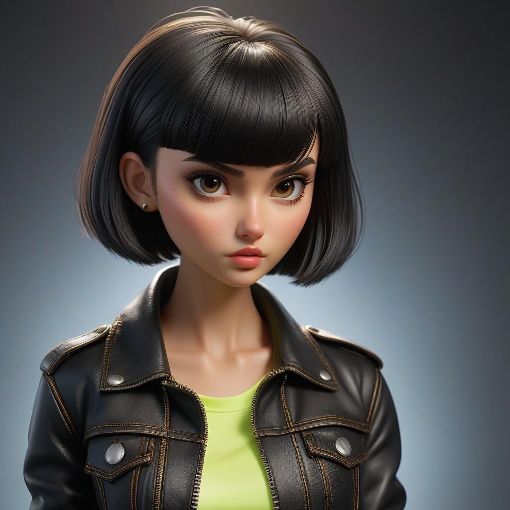  A girl with dark hair, a bowl cut hairstyle, wearing a black top and denim shorts, in a black leather jacket, is drying, direct view, fluorescent lighting. hyperrealistic, full body, detailed clothing, highly detailed, cinematic lighting, stunningly beautiful, intricate, sharp focus, f/1. 8, 85mm, (centered image composition), (professionally color graded), ((bright soft diffused light)), volumetric fog, trending on instagram, trending on tumblr, HDR 4K, 8K