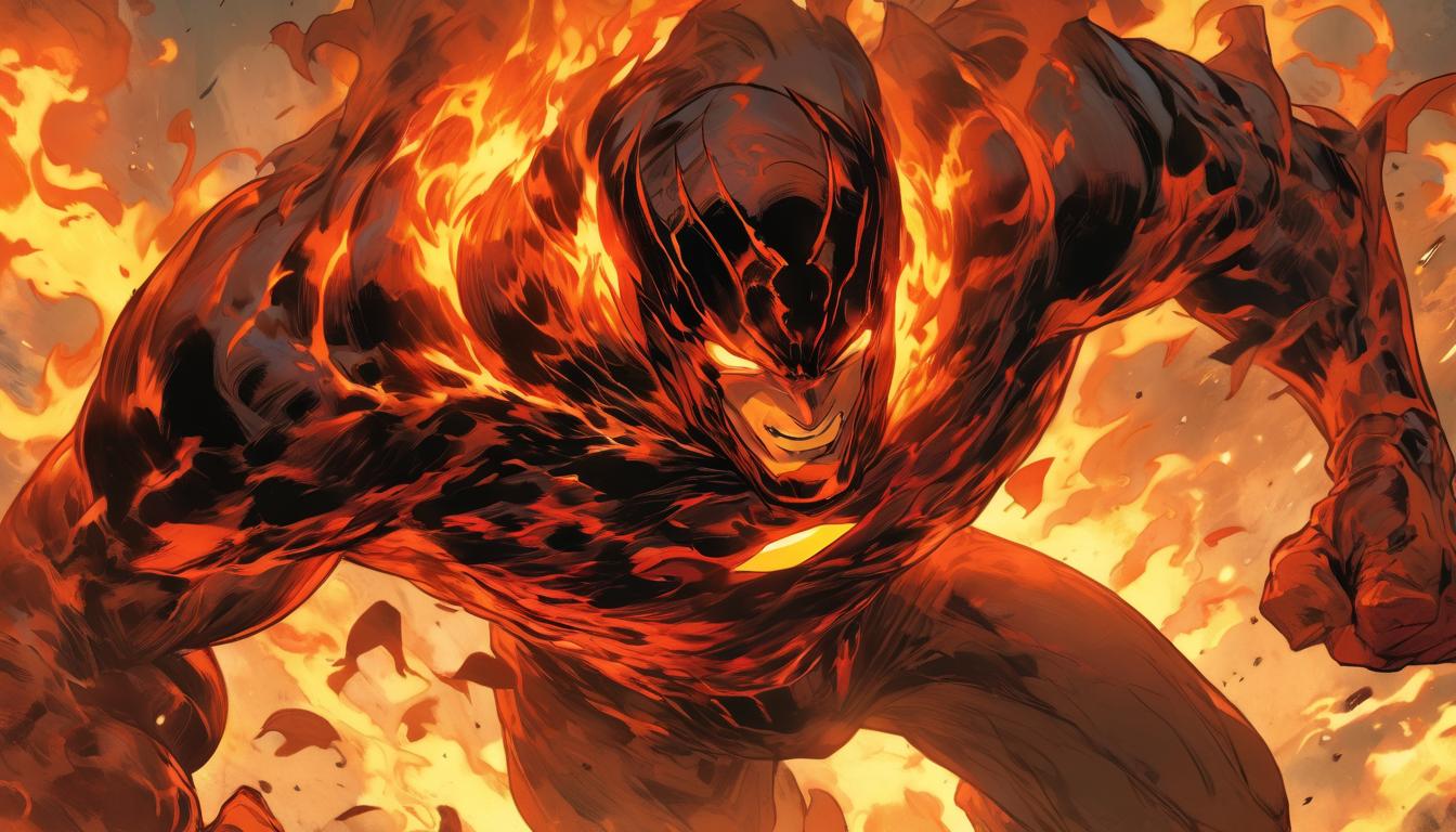  hyperrealism,fantasy aestheticAn inferno, bright and fierce, flames leaping upwards, casting powerful shadows, symbol of spirit, intense, dynamic, testament to indomitable strength, high tech clothing clad in sleek, futuristic costume with metallic accents and form fitting designs, marvel superhero comics style, unreal engine rendering