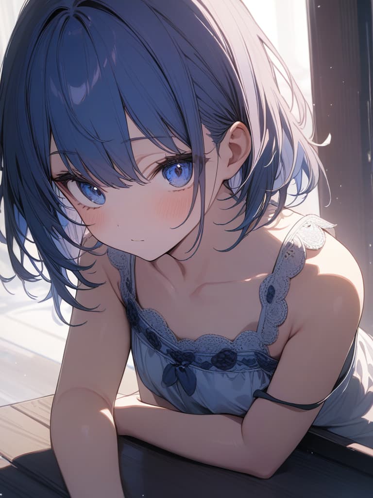  Cute, delicate, blue hair, blue eyes, blueberry, bob hair, young face, camisole, short hair, big eyes, whole body, chest, masterpiece, best quality,8k,ultra detailed,high resolution,an extremely delicate and beautiful,hyper detail