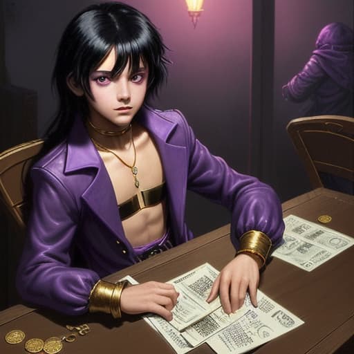  young, loli, 80's fantasy art, A thief with black hair and purple eyes, wearing common clothes, sitting in a dimly lit hideout. He has spread out various pieces of fine jewelry and gold coins on a wooden table, carefully examining sealed envelopes and stolen documents about illegal activities and business dealings.