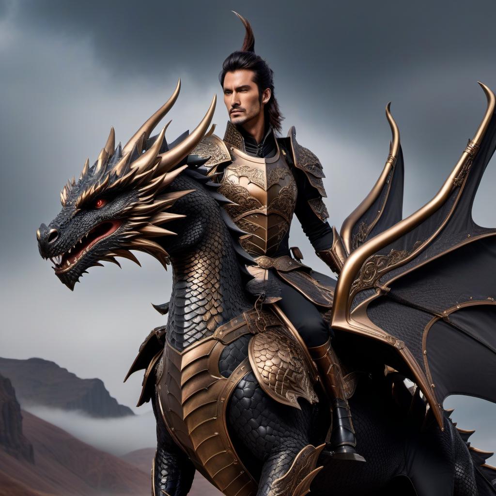  Bronze dragon rider in black Paladin armor, 3/4 portrait in the style of fantasy mythology. hyperrealistic, full body, detailed clothing, highly detailed, cinematic lighting, stunningly beautiful, intricate, sharp focus, f/1. 8, 85mm, (centered image composition), (professionally color graded), ((bright soft diffused light)), volumetric fog, trending on instagram, trending on tumblr, HDR 4K, 8K