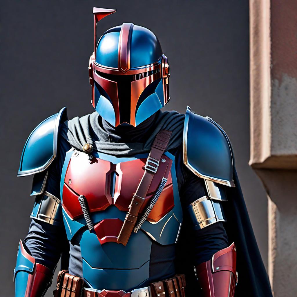  A combination of Mandalorian armor in matte blue with chrome trim, fused with a Batman style suit. The armor should be sleek and futuristic, featuring the Mandalorian helmet with a Batman cowl-like modification. The visor is red, and there is a cape billowing behind. The design should reflect a seamless blend of both iconic characters, with the matte blue and chrome trim contrasting strikingly. hyperrealistic, full body, detailed clothing, highly detailed, cinematic lighting, stunningly beautiful, intricate, sharp focus, f/1. 8, 85mm, (centered image composition), (professionally color graded), ((bright soft diffused light)), volumetric fog, trending on instagram, trending on tumblr, HDR 4K, 8K