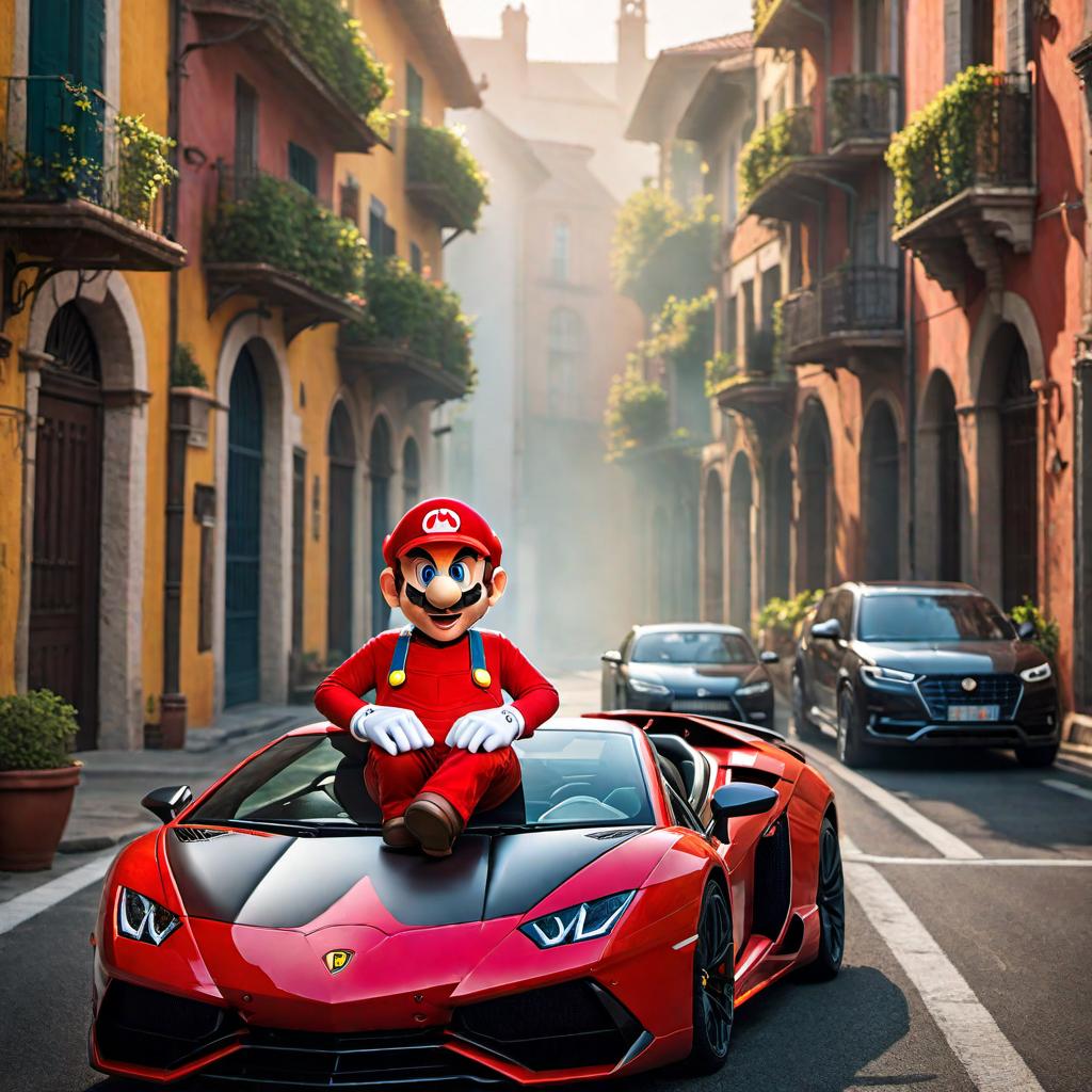  Mario from the Super Mario series driving a Lamborghini. Ensure the car is a bright, sporty color like red or yellow, and Mario is sitting in the driver's seat, looking excited with his signature hat and overalls. hyperrealistic, full body, detailed clothing, highly detailed, cinematic lighting, stunningly beautiful, intricate, sharp focus, f/1. 8, 85mm, (centered image composition), (professionally color graded), ((bright soft diffused light)), volumetric fog, trending on instagram, trending on tumblr, HDR 4K, 8K