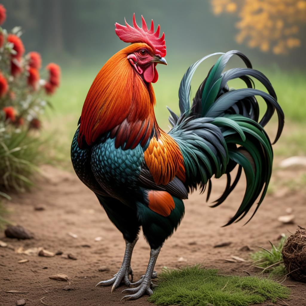  A detailed and colorful image of a game fowl rooster, showcasing its striking plumage and robust posture. The rooster should have a majestic appearance with vibrant feathers in shades of red, orange, and green. It should be standing on the ground, with a natural farm or rural background. hyperrealistic, full body, detailed clothing, highly detailed, cinematic lighting, stunningly beautiful, intricate, sharp focus, f/1. 8, 85mm, (centered image composition), (professionally color graded), ((bright soft diffused light)), volumetric fog, trending on instagram, trending on tumblr, HDR 4K, 8K