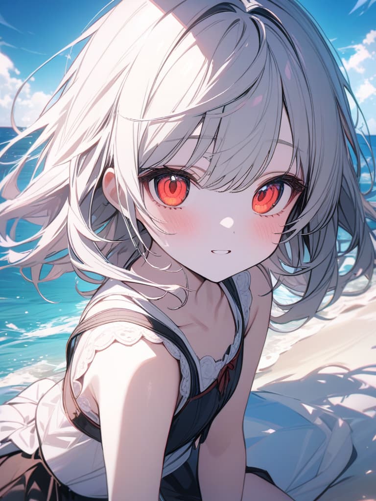  Cute, , big eyes, sea, sea, beautiful, swimwear, fluffy hair, , young face, white skin, bright red eyes, young face, masterpiece, best quality,8k,ultra detailed,high resolution,an extremely delicate and beautiful,hyper detail