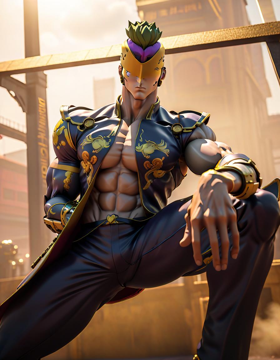  Street Fighter style robot, JoJo's Bizarre Adventure, heroic pose . vibrant, dynamic, arcade, 2D fighting game, highly detailed, reminiscent of Street Fighter series hyperrealistic, full body, detailed clothing, highly detailed, cinematic lighting, stunningly beautiful, intricate, sharp focus, f/1. 8, 85mm, (centered image composition), (professionally color graded), ((bright soft diffused light)), volumetric fog, trending on instagram, trending on tumblr, HDR 4K, 8K