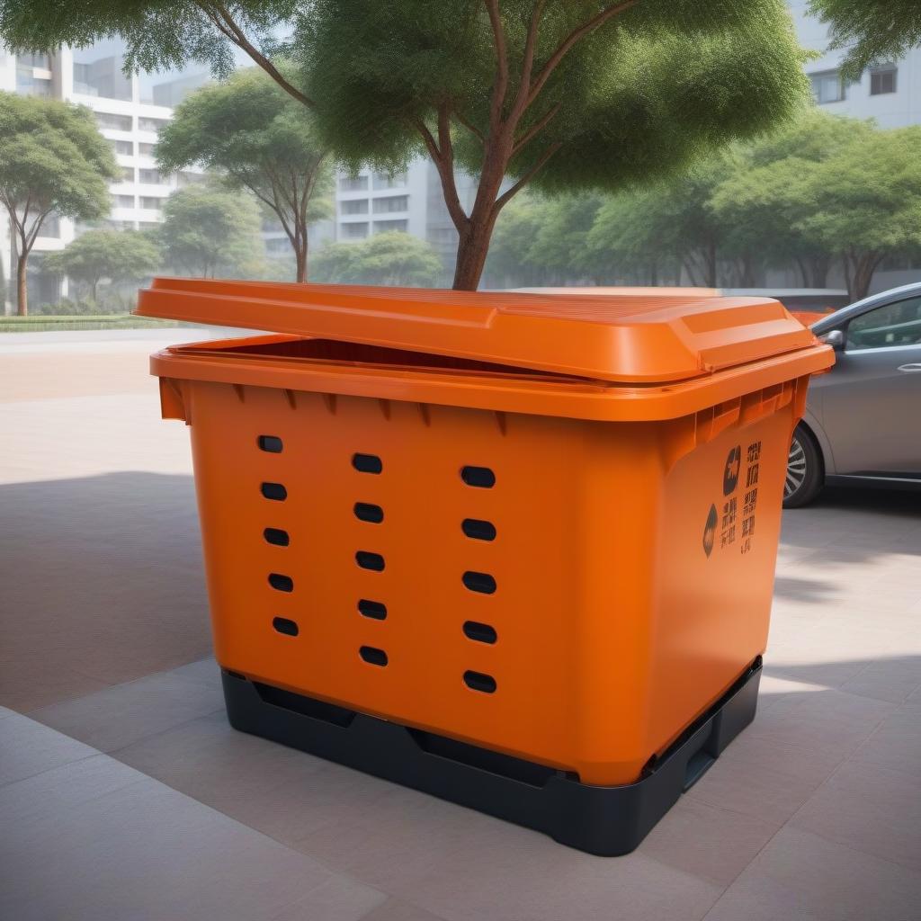  Orange plastic garbage container stands in the courtyard of an apartment building hyperrealistic, full body, detailed clothing, highly detailed, cinematic lighting, stunningly beautiful, intricate, sharp focus, f/1. 8, 85mm, (centered image composition), (professionally color graded), ((bright soft diffused light)), volumetric fog, trending on instagram, trending on tumblr, HDR 4K, 8K