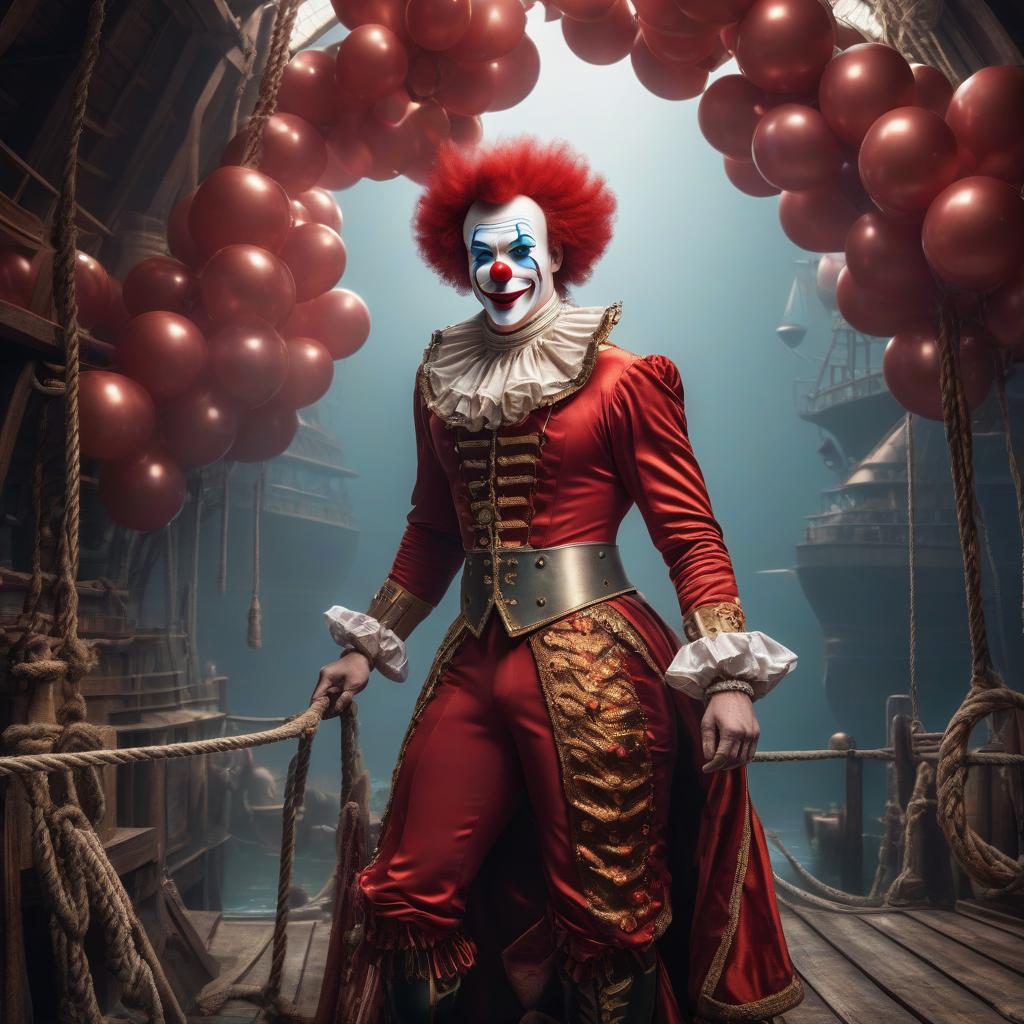  nautical themed Red clown in the arena, cartoon, abstractionism, surrealism, pin ups . sea, ocean, ships, maritime, beach, marine life, highly detailed hyperrealistic, full body, detailed clothing, highly detailed, cinematic lighting, stunningly beautiful, intricate, sharp focus, f/1. 8, 85mm, (centered image composition), (professionally color graded), ((bright soft diffused light)), volumetric fog, trending on instagram, trending on tumblr, HDR 4K, 8K